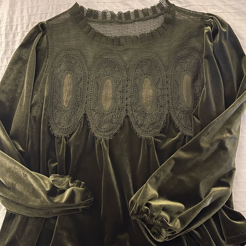 Olive Green Velvet Lace Yoke Blouse - Picture 2 of 5